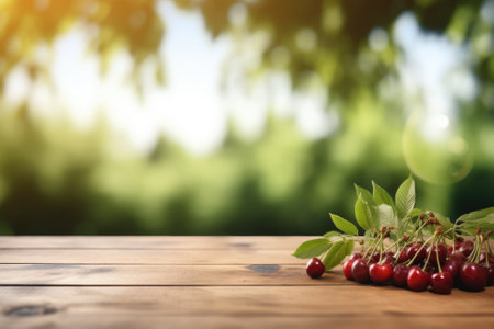 Fresh cherry on wooden table with blurred organic farm background, space for product display.の素材
