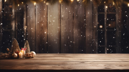 Empty wooden table with christmas theme in backgroundの素材