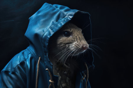 A rat in a blue jacket with a hood on a dark backgroundの素材