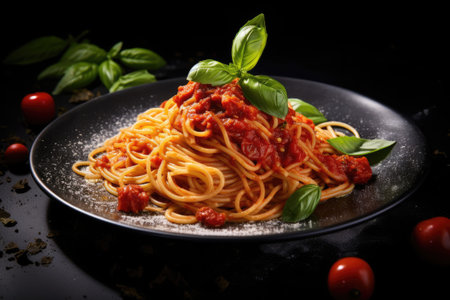 Pasta with tomato sauce in a black panの素材