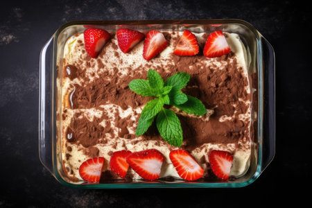 Tiramisu dessert with cocoa and strawberriesの素材
