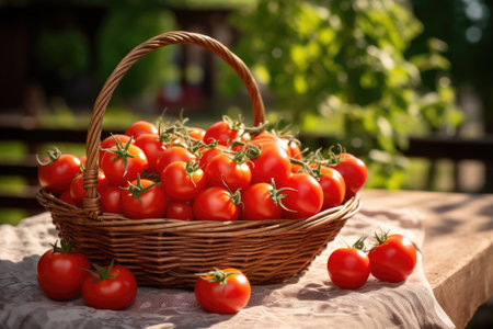 Ripe red cherry tomatoes in a basket on a table in a gardenの素材
