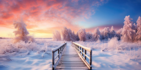 Winter landscape with wooden path at sunset. Winter nature backgroundの素材
