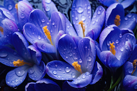 Spring flowers of blue crocuses with drops of waterの素材