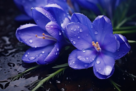 Spring flowers of blue crocuses with drops of waterの素材