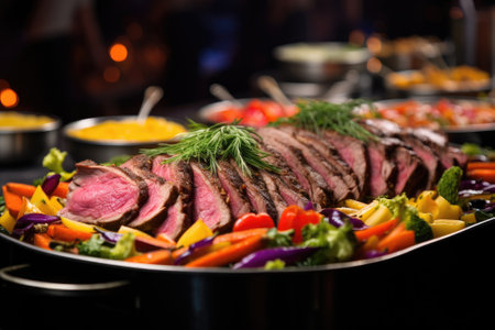 Catering buffet food indoor in restaurant with grilled meat. Buffet service for any festive event, party or wedding reception.の素材