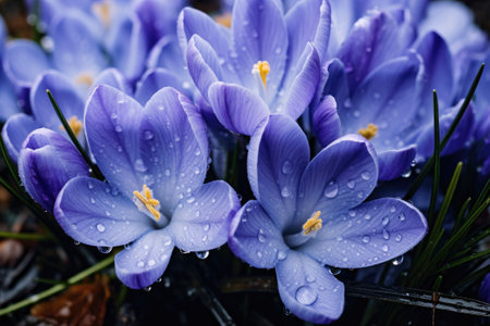 Spring flowers of blue crocuses with drops of waterの素材
