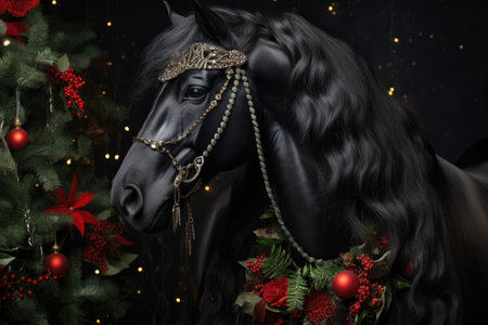 Black Friesian horse with a Christmas wreath around its neckの素材