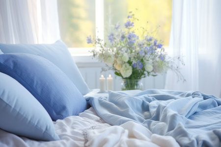 Cozy blue bedroom with flowers and candles. Bedroom with bed, pillow and duvet.の素材