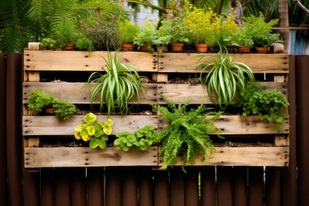 Recycled pallets with hanging plants creating a vertical gardenの素材
