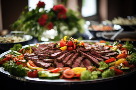 Catering buffet food indoor in restaurant with grilled meat. Buffet service for any festive event, party or wedding reception.の素材