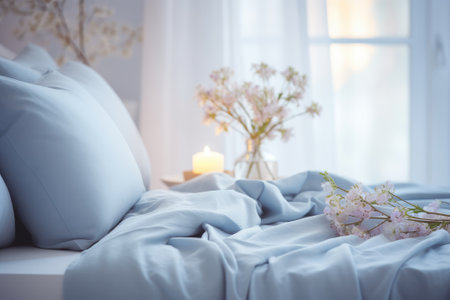 Cozy blue bedroom with flowers and candles. Bedroom with bed, pillow and duvet.の素材