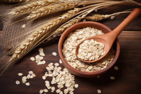 Oatmeal in wooden spoon with ripe oat ears and grains as background. Generative AIの素材