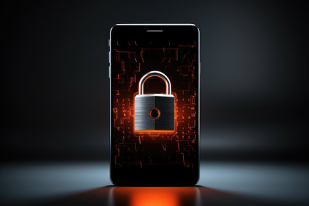 Cyber security, mobile phone with safety lock system for network. Smartphone screen for privacy, antivirus or hackingの素材