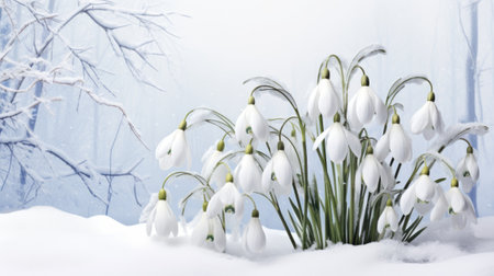 Snowdrop flowers blooming in snow covering. First spring flowersの素材