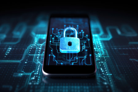 Cyber security, mobile phone with safety lock system for network. Smartphone screen for privacy, antivirus or hackingの素材