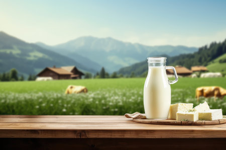 Empty wooden table with cheese and glass of milk. Cows grazing in the meadow in the background. Natural stage, background suitable for products or products for presentationの素材