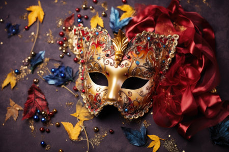 Festive venetian carnival mask on gray background, new year celebrationの素材