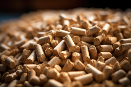 Pile of wood pellets on table. Ecological fuel made from biomass. Renewable energy source.の素材