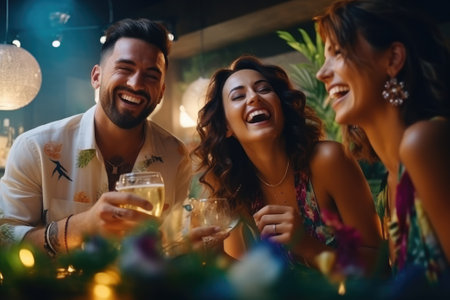 A man and two women at a party. New year celebrationの素材