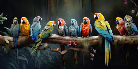 Tropical parrots sitting on a tree branch in the rainforestの素材