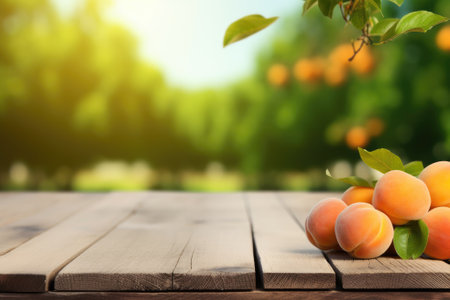 Wooden table top with apricots on blur background with apricot orchardの素材