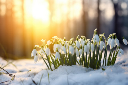 Snowdrop flowers blooming in snow covering. First spring flowersの素材