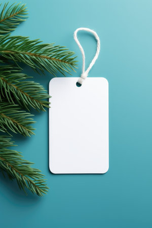 White blank price tag on blue background with Christmas tree branch. Copy space.の素材