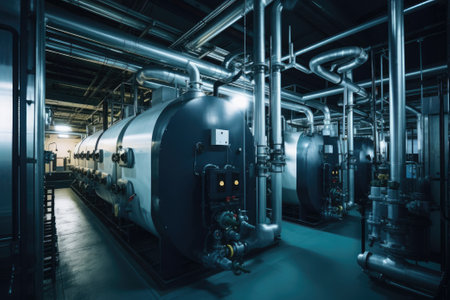 Modern boiler room with gas boilers, industrial heating.の素材