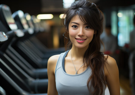 Young japanese woman in fitness center, training in the gymの素材
