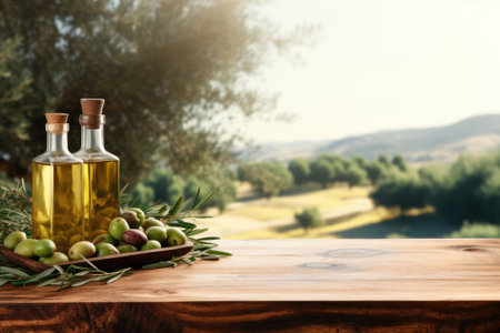 Old wooden product display table with natural green olive field and olive oilの素材