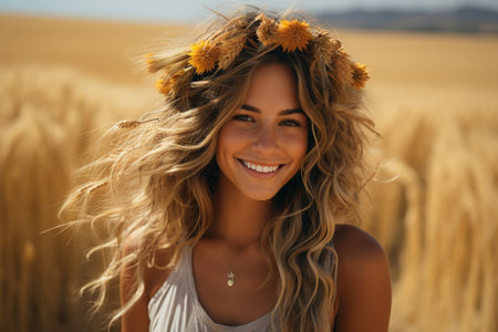 Beautiful blonde woman in a wheat fieldの素材