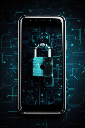Cyber security, mobile phone with safety lock system for network. Smartphone screen for privacy, antivirus or hackingの素材
