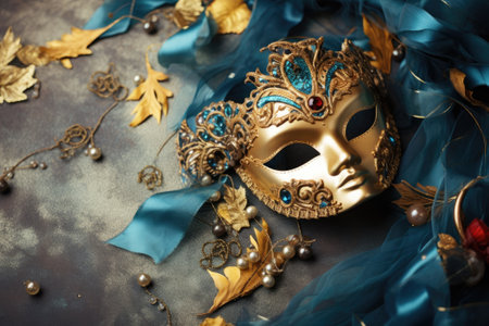 Festive venetian carnival mask on gray background, new year celebrationの素材