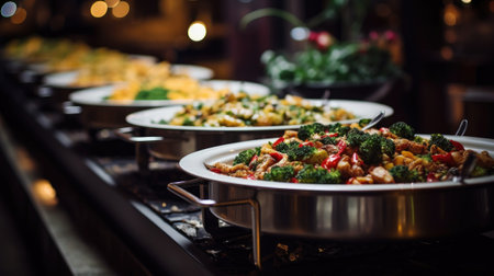 Catering buffet food on a long table in a hotel restaurantの素材