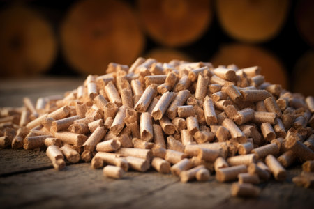 Pile of wood pellets on table. Ecological fuel made from biomass. Renewable energy source.の素材