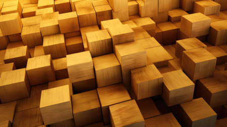 Abstract wooden 3d cubes, golden wood texture for backgroundの素材