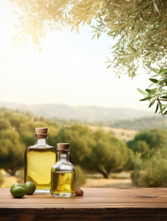 Empty wooden table with olives and a bottle of olive oil. Natural podium, background suitable for product presentationの素材