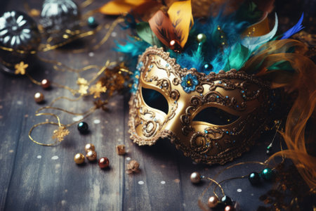 Festive venetian carnival mask on gray background, new year celebrationの素材