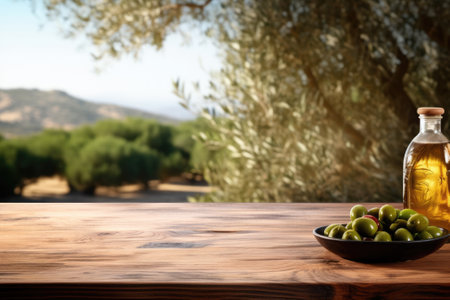 Old wooden product display table with natural green olive field and olive oilの素材