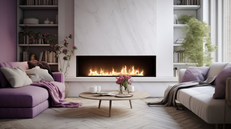 Gas fireplace in a modern cozy living roomの素材