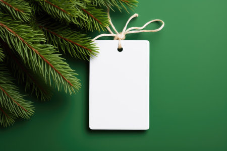 White blank price tag on green background with Christmas tree branch. Copy space.の素材