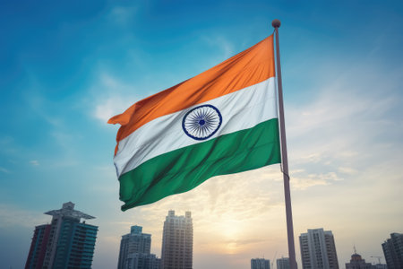 Indian flag waving on blue sky background in cityの素材
