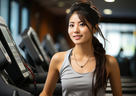 Young japanese woman in fitness center, training in the gymの素材