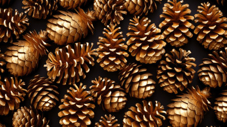 Golden pine cones on a Christmas backgroundの素材