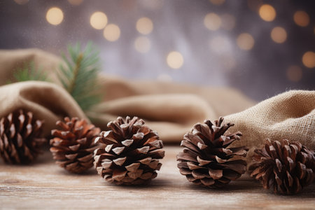 Christmas decoration with pine cones. Christmas background with space for text.の素材