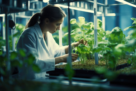 Plant research, green plant in a glass jar in a laboratory. Ecological breeding and plant development.の素材
