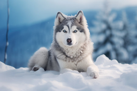 Siberian husky dog on snowの素材