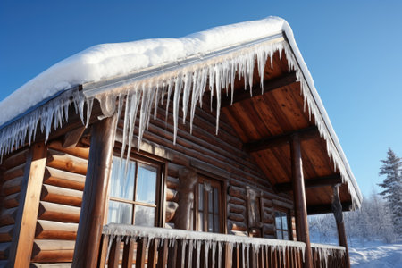 Large icicles on the roof of the wooden house.の素材