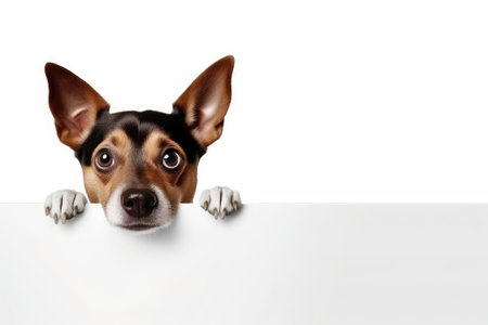 Surprised dog with big eyes looking from behind a white frameの素材